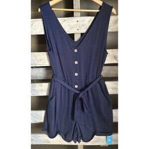 NWT Cupshe Navy Romper Sleeveless Belted Pockets Size Large Vneck Vback